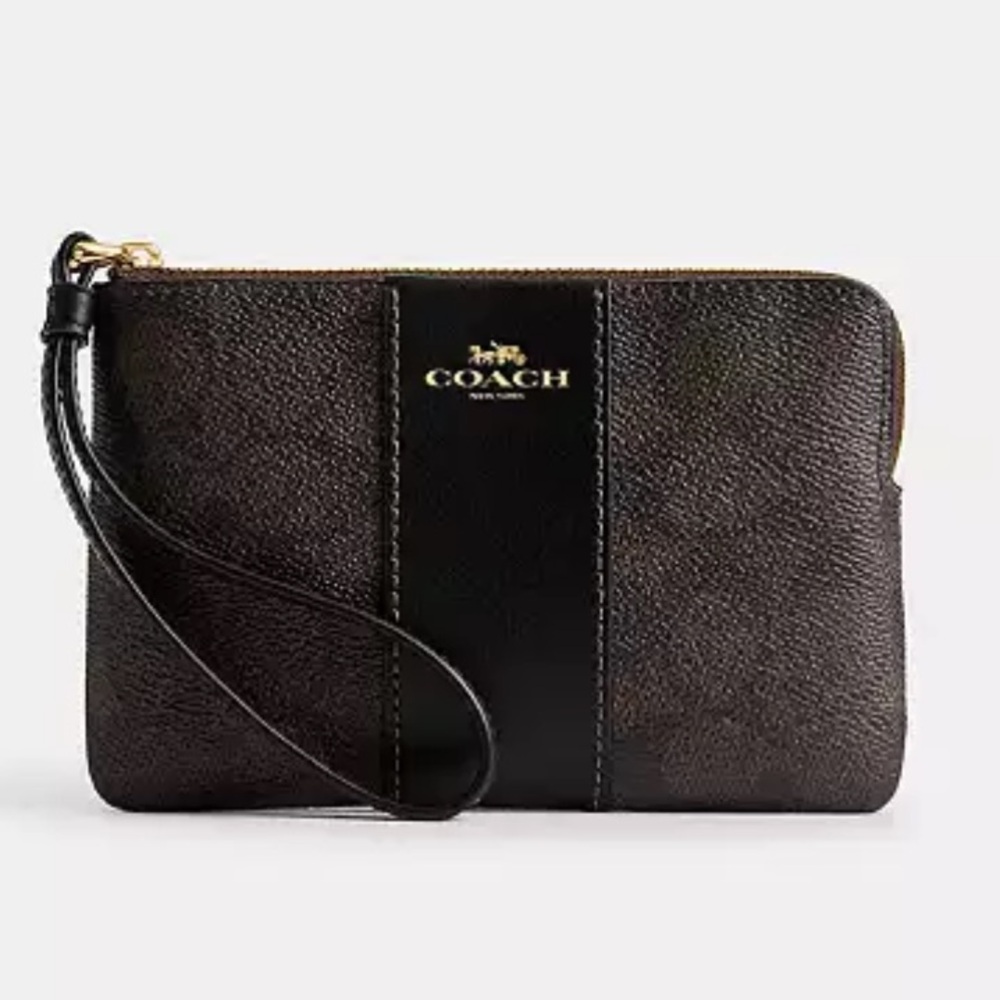 Coach corner zip wristlet mahogany with black Stripe nwt